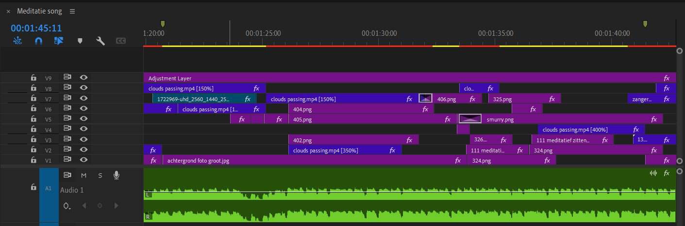 Adobe premiere screenshot 2024 met 9 videolagen waaronder adjustmentlayer voor harmonisatie en 1 Suno audiotrack stereo